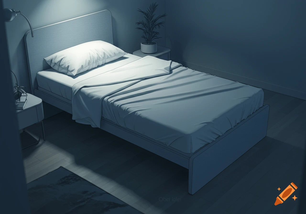 A neatly made twin bed in a dimly lit bedroom with a lamp and a plant on bedside tables, digital art style.