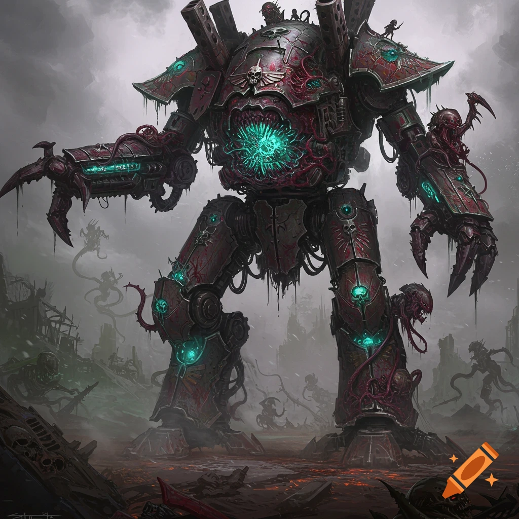 A large, dark red, bio-mechanical titan with green glowing organic corruption stands in a desolate, war-torn landscape.
