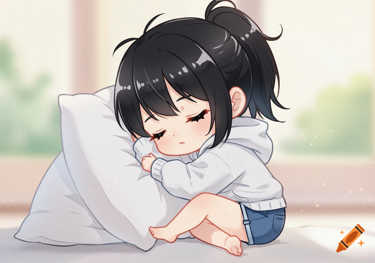 A cute chibi girl with black hair in a ponytail sleeps on a white pillow, wearing a white hoodie and denim shorts.