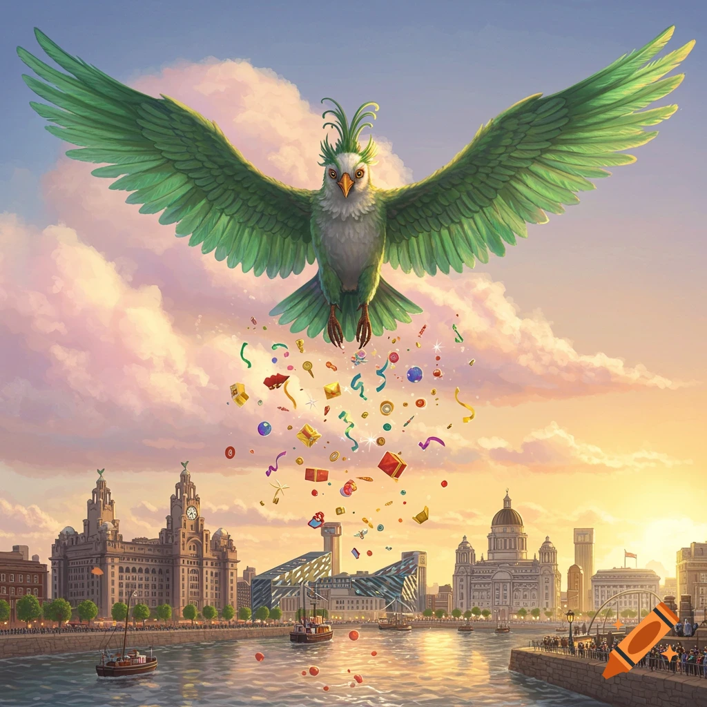 A large green Liver bird flies over Liverpool city, scattering colorful confetti and gifts over the river and buildings at sunset.