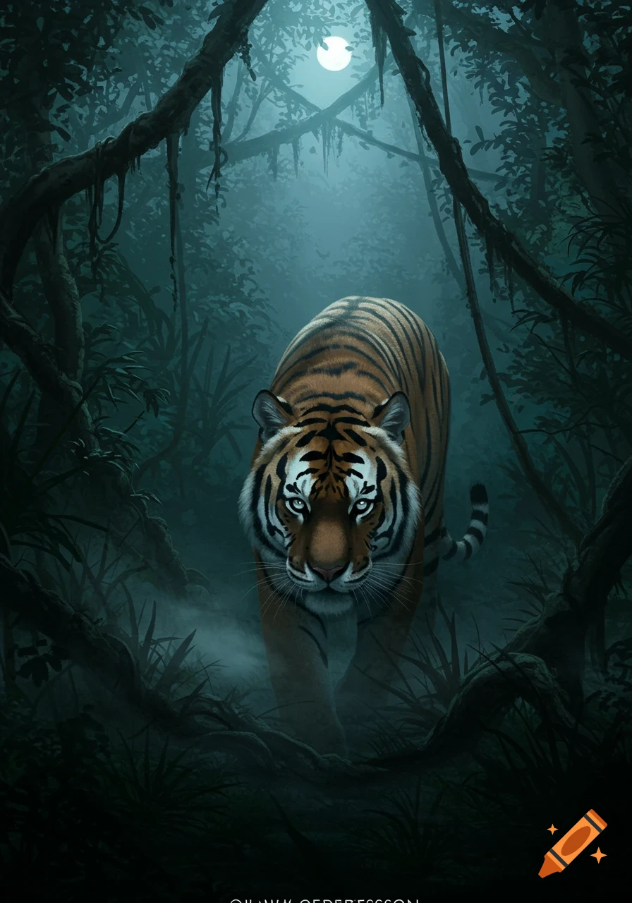 A majestic tiger with glowing eyes emerges from the dark, misty jungle at night, illuminated by a full moon in a digital painting.