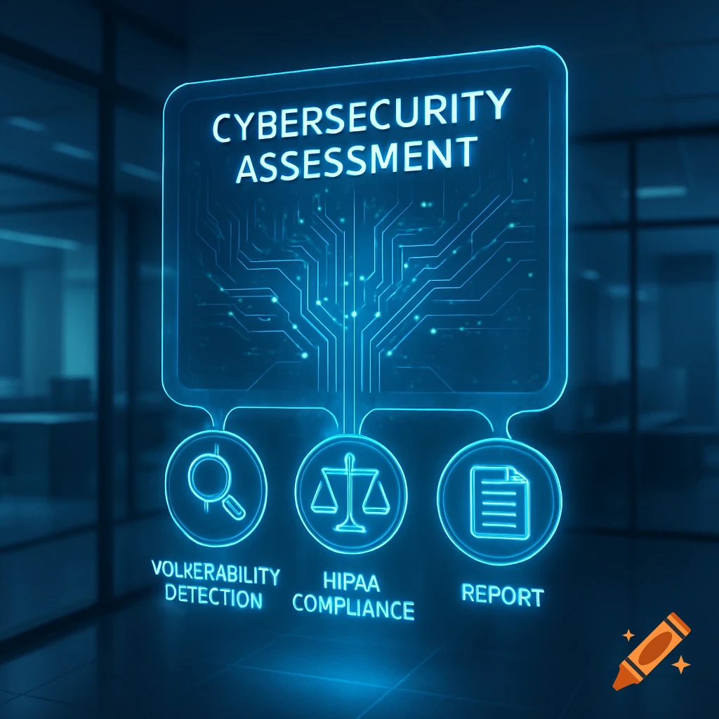 A blue holographic infographic titled "Cybersecurity Assessment" with three sub-sections: "Volkerability Detection", "HIPAA Compliance", and "Report", set in an office.