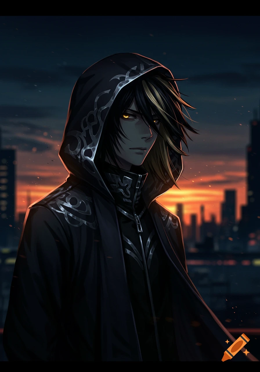 Anime man in black hooded cloak with glowing yellow eyes, black and blonde hair, looking over his shoulder at a city sunset.