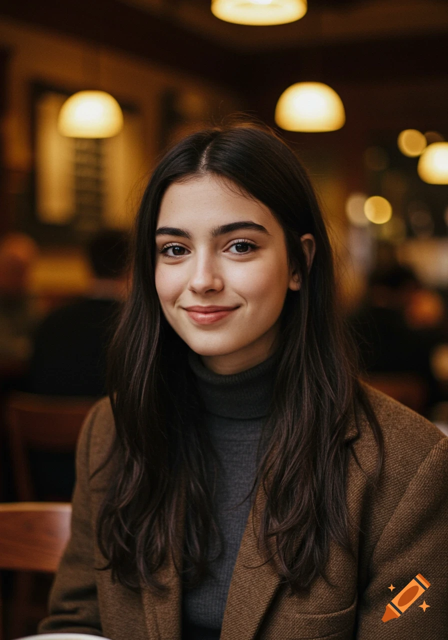 A photorealistic portrait of a smiling young woman with dark hair in a brown jacket and grey turtleneck, seated in a cozy blurred cafe.