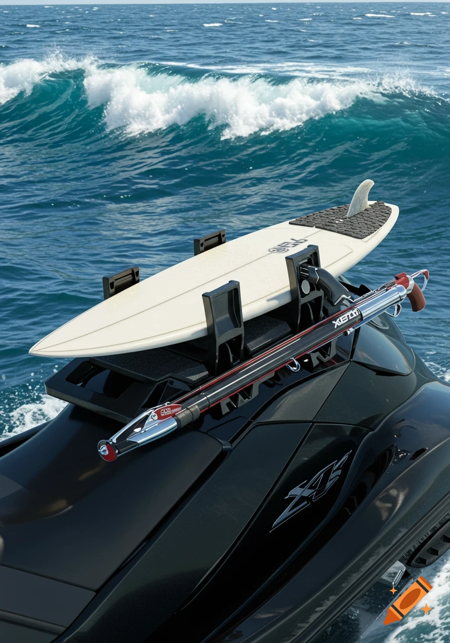 A black jet ski with a white surfboard and a speargun mounted on the back, riding on blue ocean water with a breaking wave.