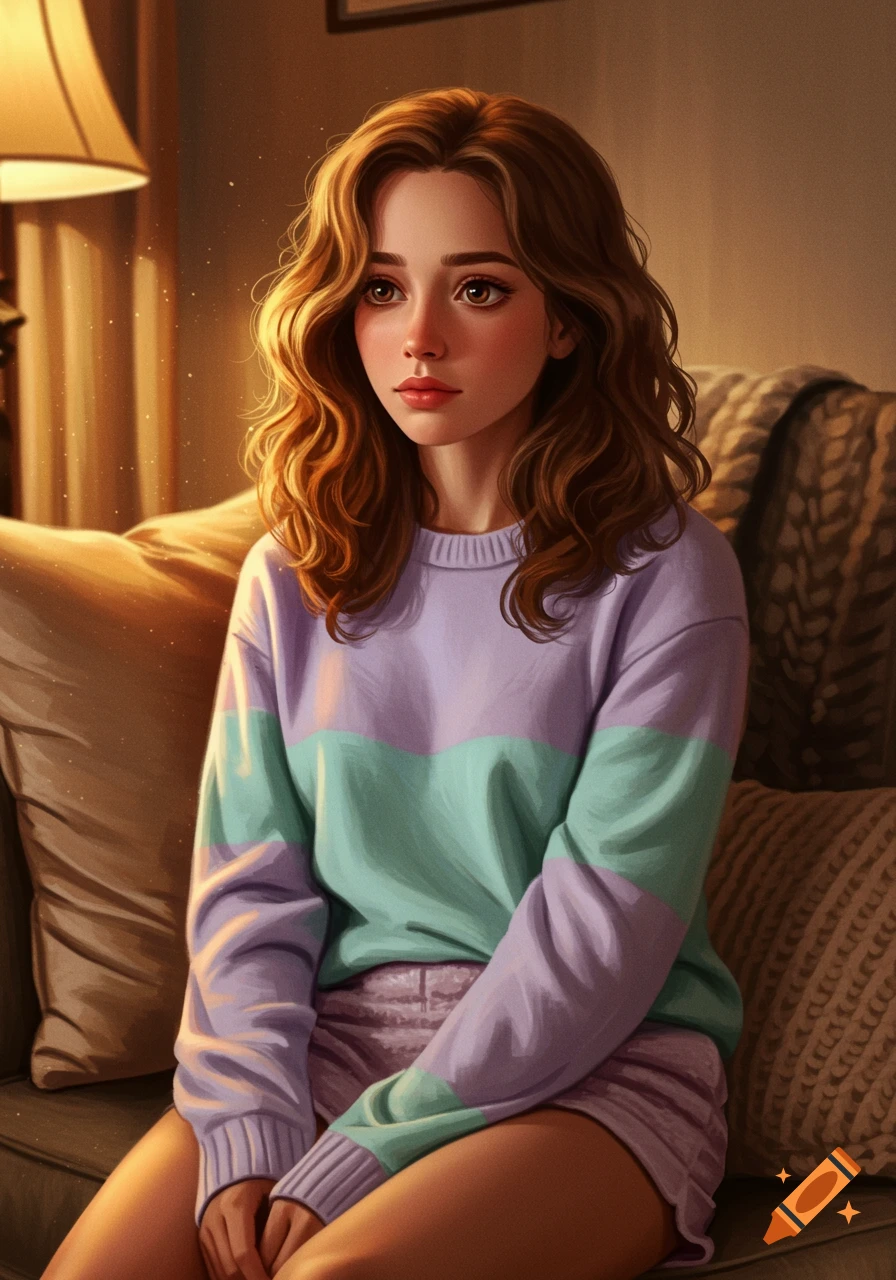 Digital painting of a young woman with wavy hair in a pastel sweater and shorts, sitting thoughtfully in a cozy room with warm light.