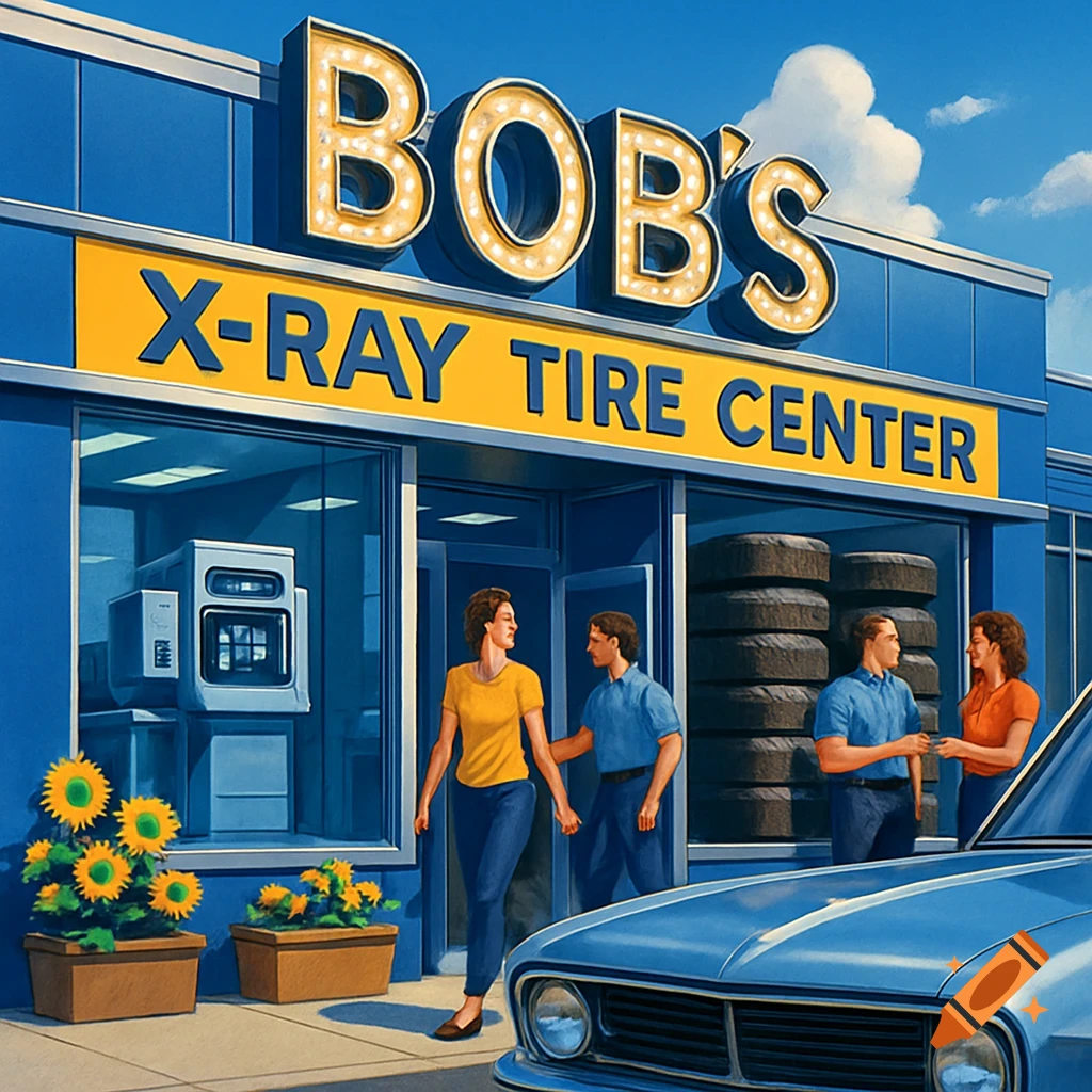 A blue building with a 'Bob's X-Ray Tire Center' sign. People are near the entrance, and a blue car is parked in front.