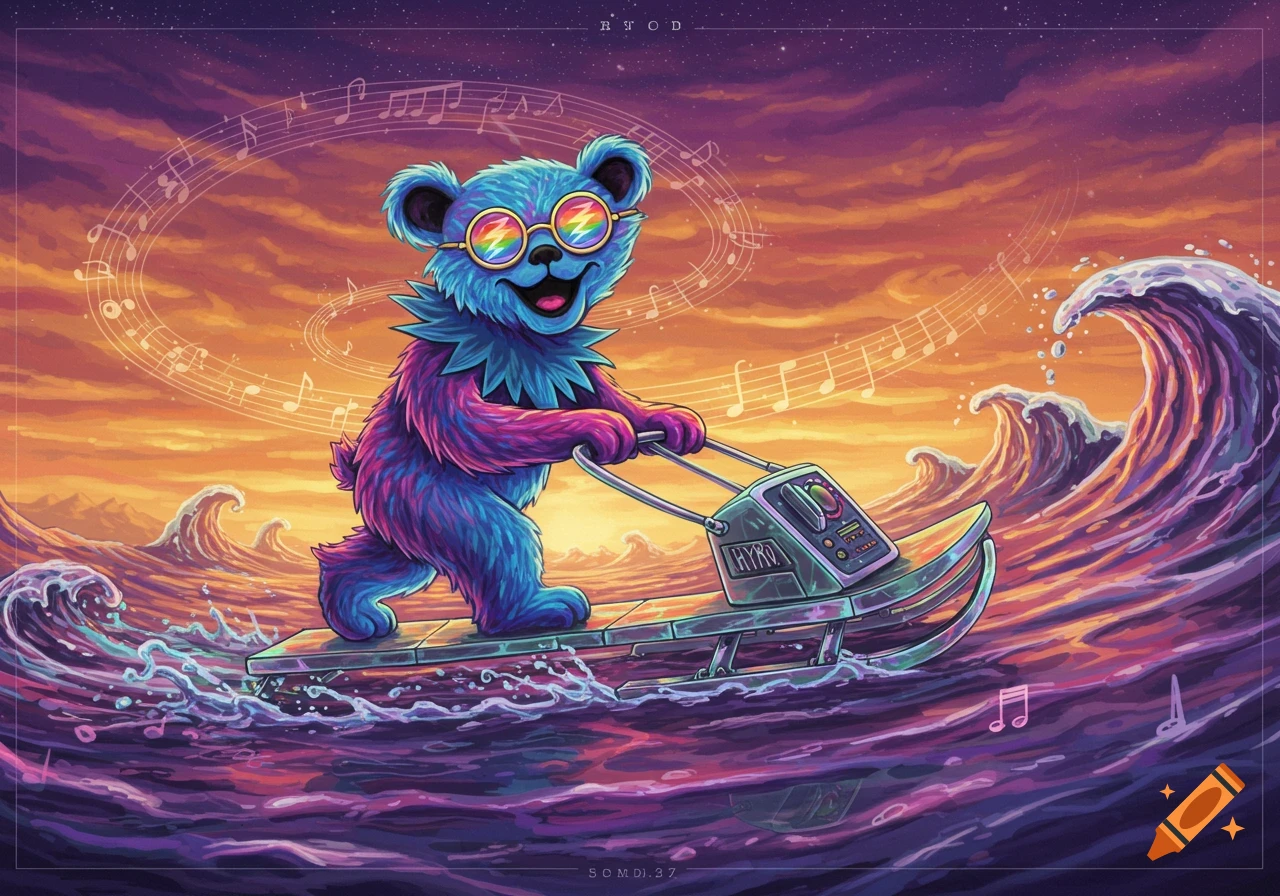 A colorful, smiling Grateful Dead-style bear with rainbow sunglasses rides a futuristic jet ski over vibrant waves. Musical notes float around it under a sunset sky.