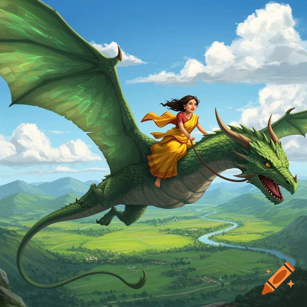 A girl in a yellow dress rides a large green dragon high above a lush, winding green valley with distant mountains under a blue, cloudy sky.