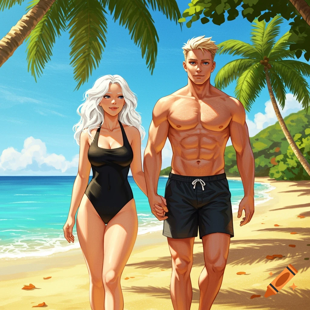 An anime-style illustration of a man and woman holding hands and walking on a tropical beach.