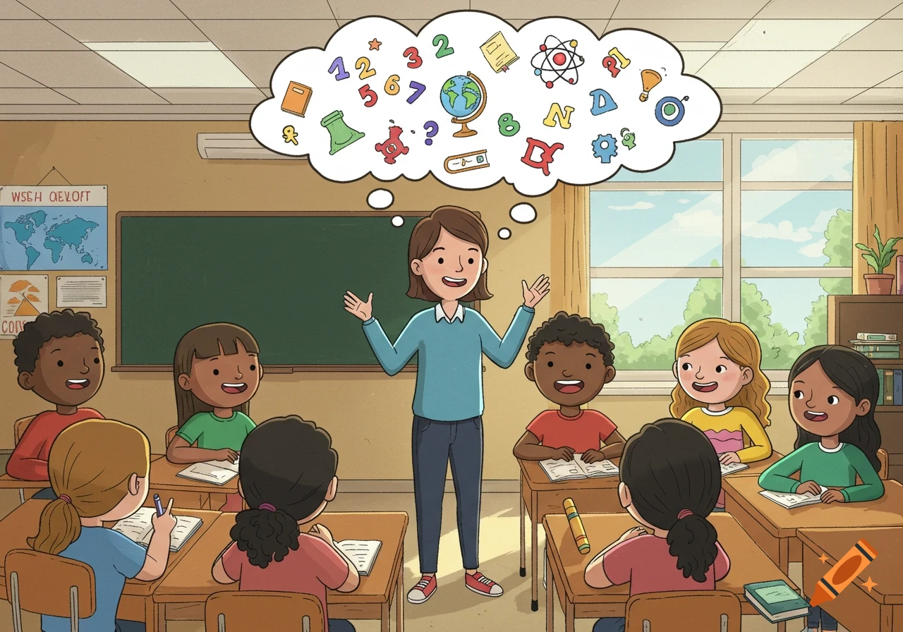 A cartoon teacher stands in front of a diverse group of elementary school children in a classroom, with a thought bubble above her head filled with numbers, letters, and science symbols.