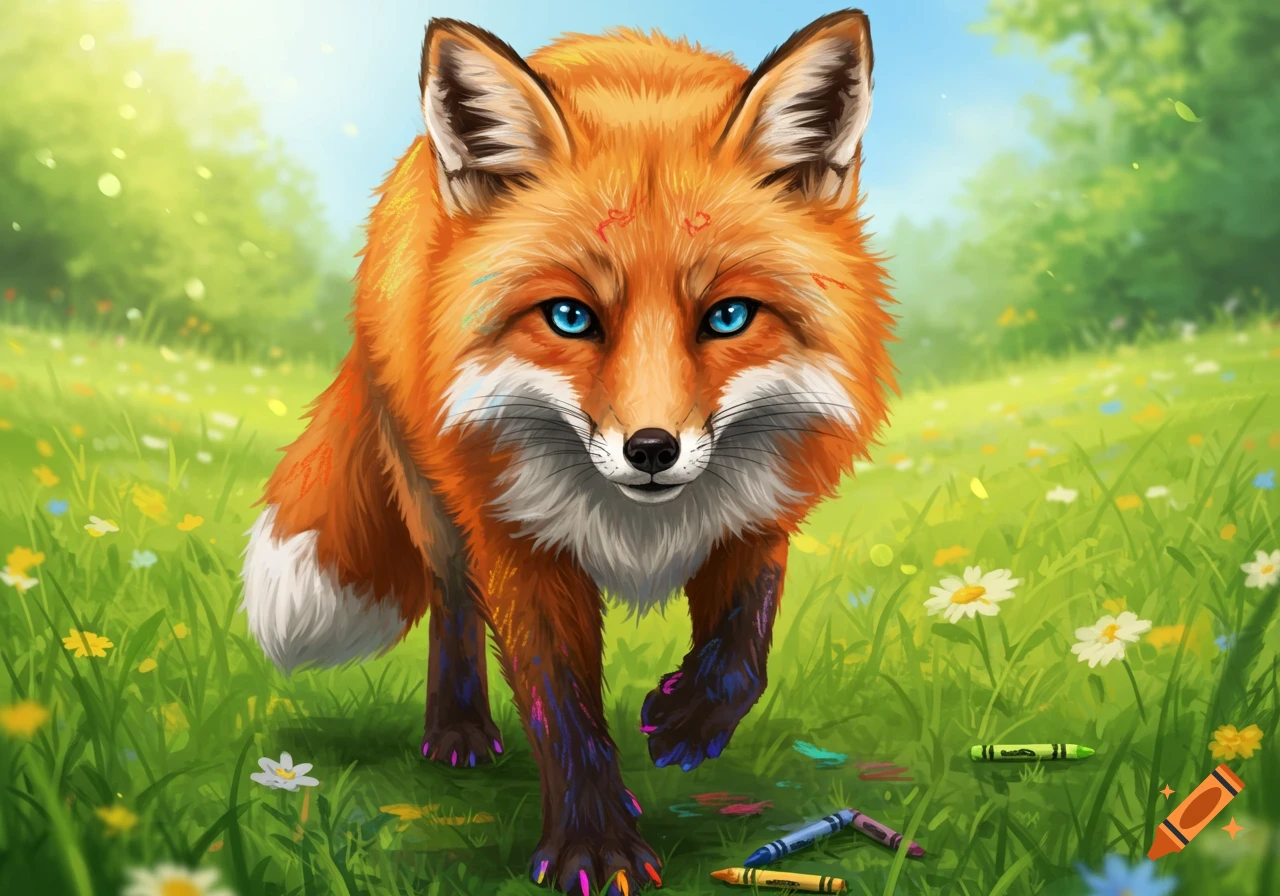 A vibrant orange fox with bright blue eyes walks through a green grassy field, with colorful crayon marks on its fur and paws and crayons scattered on the ground.