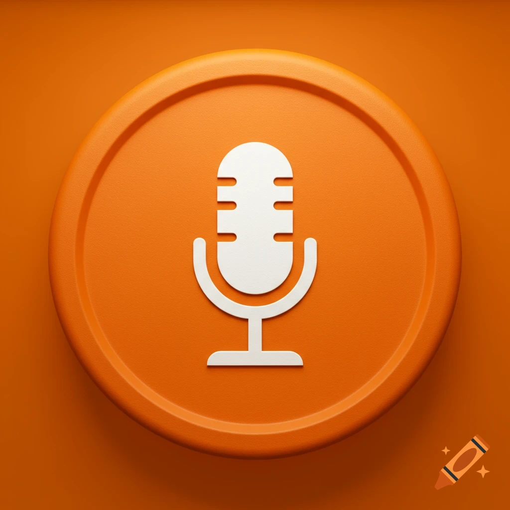 A white microphone icon centered on a circular orange button with a raised edge, against an orange background.