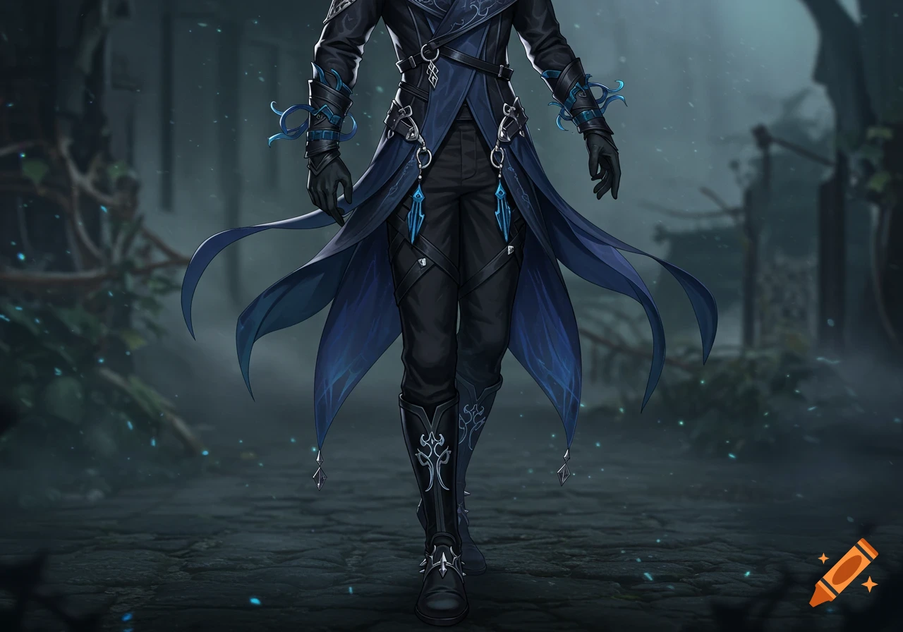A detailed fantasy character outfit in dark blue and black with intricate straps and glowing accents, set against a misty, dark background.