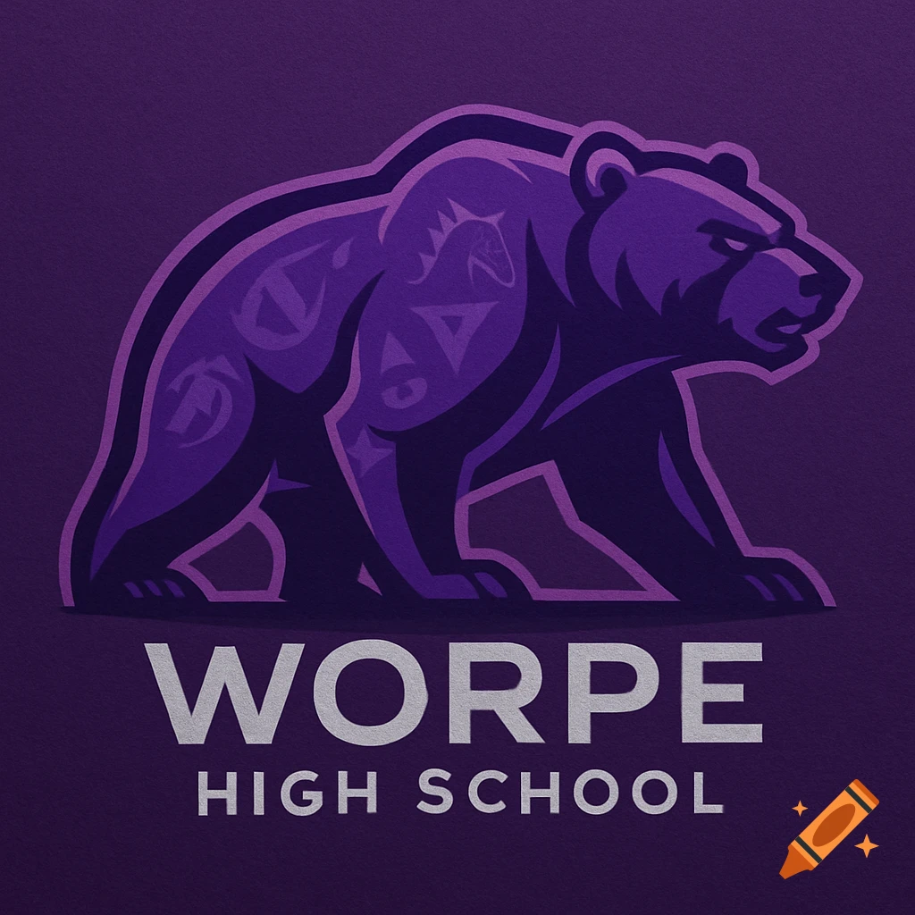 A purple logo of a stylized bear with patterns inside, above the words 'WORPE HIGH SCHOOL' in silver on a purple background.
