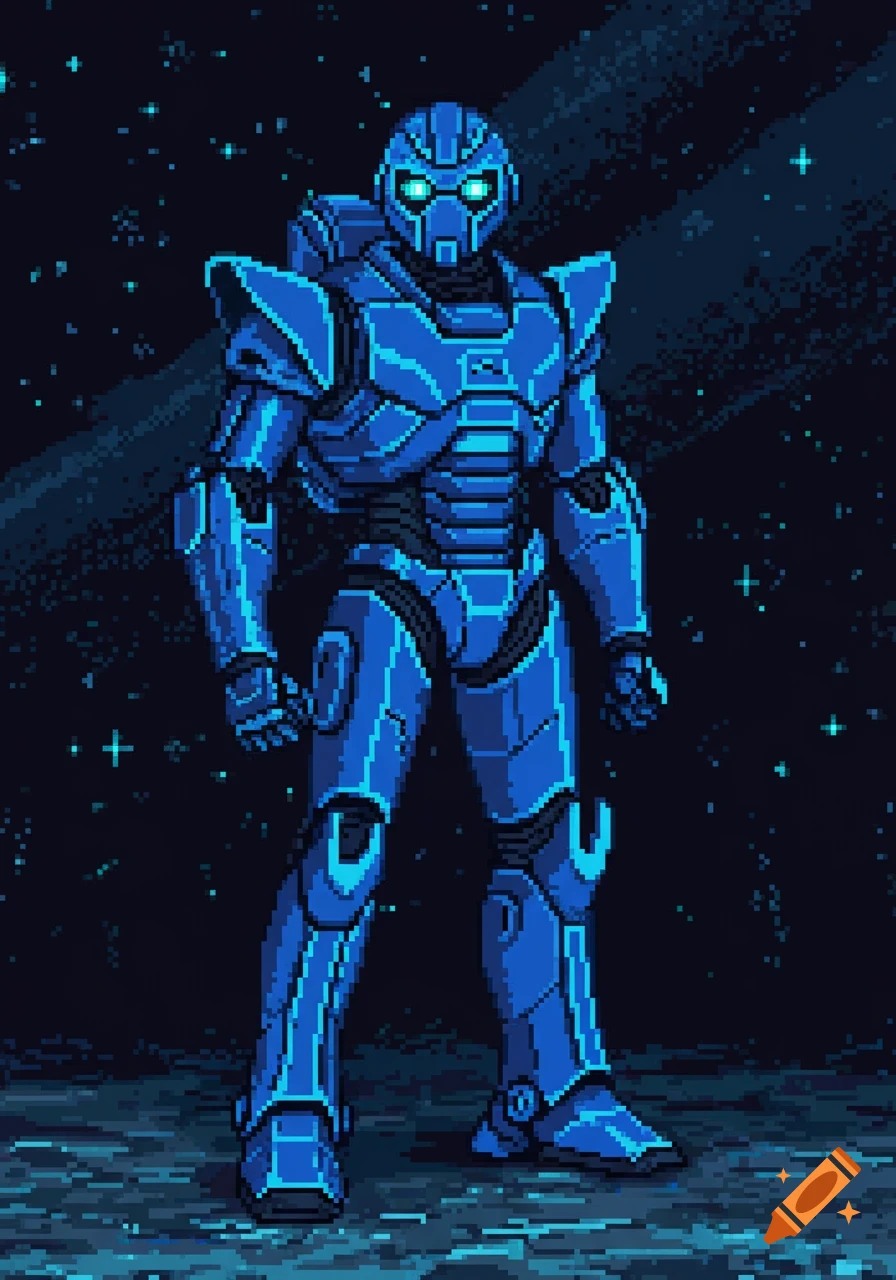 Pixel art of a blue futuristic robot standing in space.