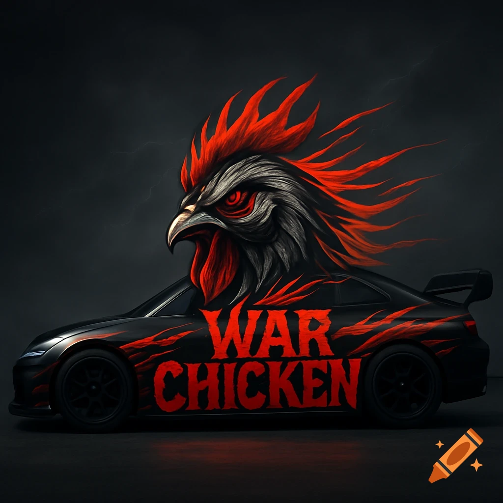 A black race car with a large, fierce red and black rooster head emerging from its roof, and the words 'WAR CHICKEN' in red stylized text on its side.