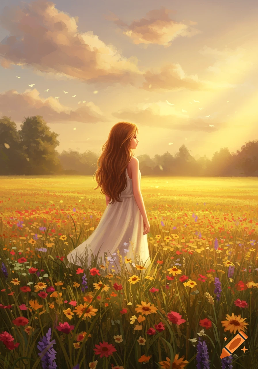 An illustrative drawing of a young woman with long hair in a white dress, standing in a field of colorful wildflowers at sunset.
