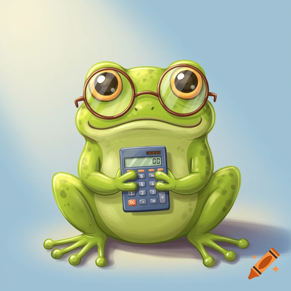 A cute green cartoon frog wearing round glasses sits holding a calculator with a light blue background.
