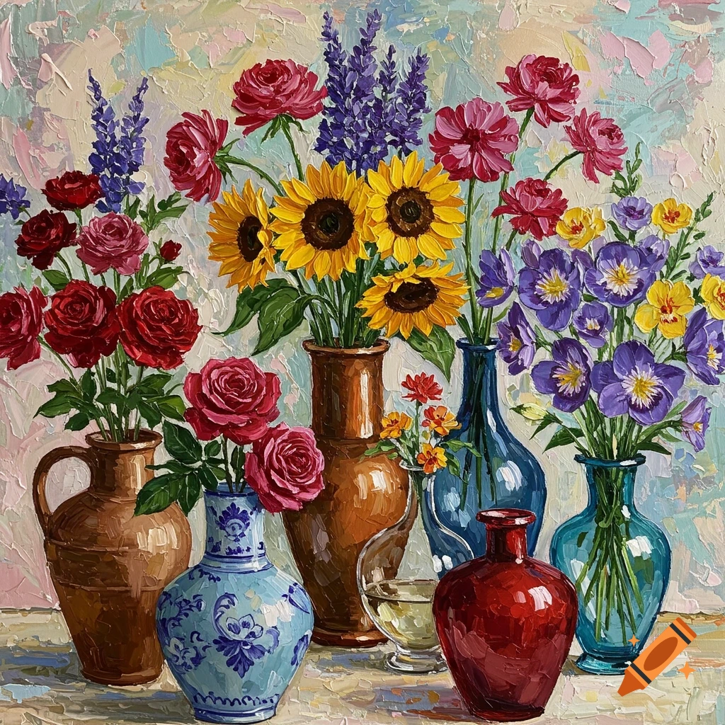 A vibrant impasto painting depicting a variety of colorful flowers arranged in several different vases.