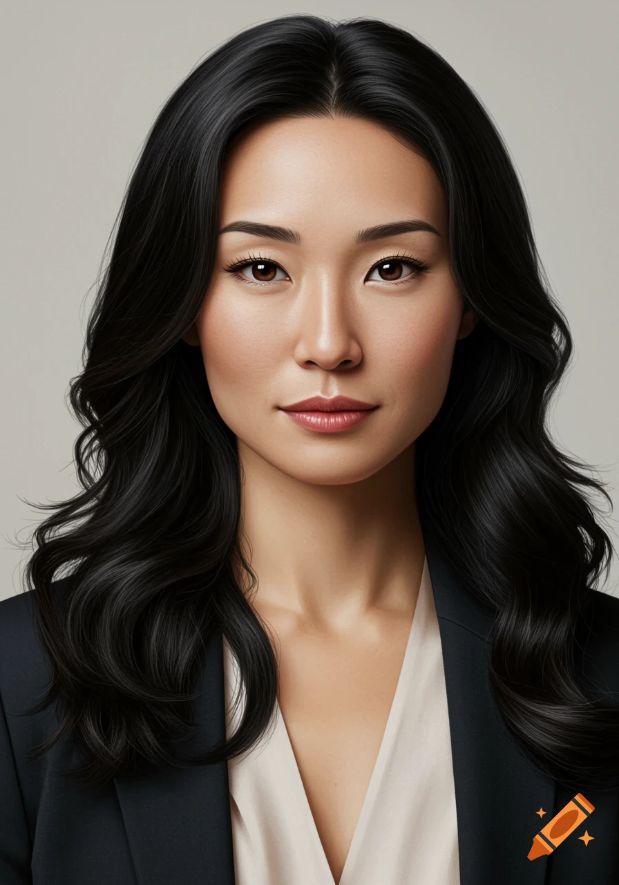 A realistic portrait of a woman with long dark hair and an olive complexion, wearing a light blouse and dark blazer against a neutral background.