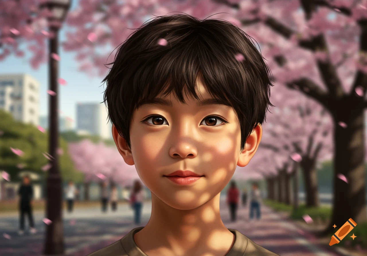 A realistic portrait of a young Asian boy with dark hair standing in a park with pink cherry blossoms falling around him.