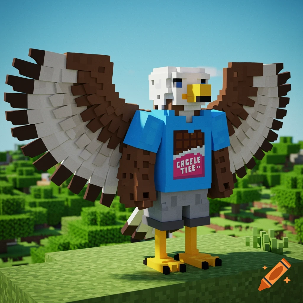 A blocky, Minecraft-style eagle wearing a blue t-shirt with a chocolate bar design and text, and grey shorts, standing in a pixelated green landscape.