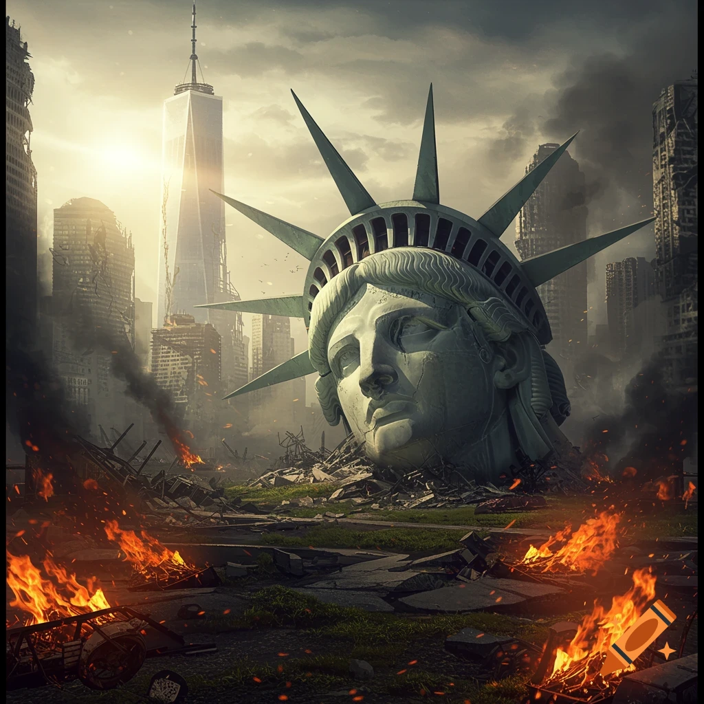 Photorealistic image of the head of the Statue of Liberty lying in a destroyed, burning cityscape under a smoky sky.