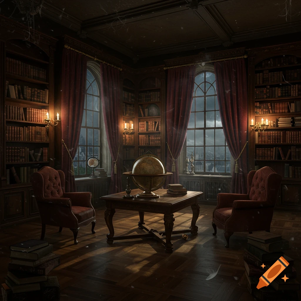 A dimly lit, ornate library with tall bookshelves, two large windows, a central table with a globe, and red armchairs, evoking a dark academia aesthetic.