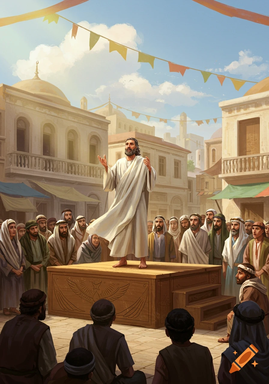 An illustration of a man resembling Jesus preaching on a wooden platform to a crowd in an ancient town square.