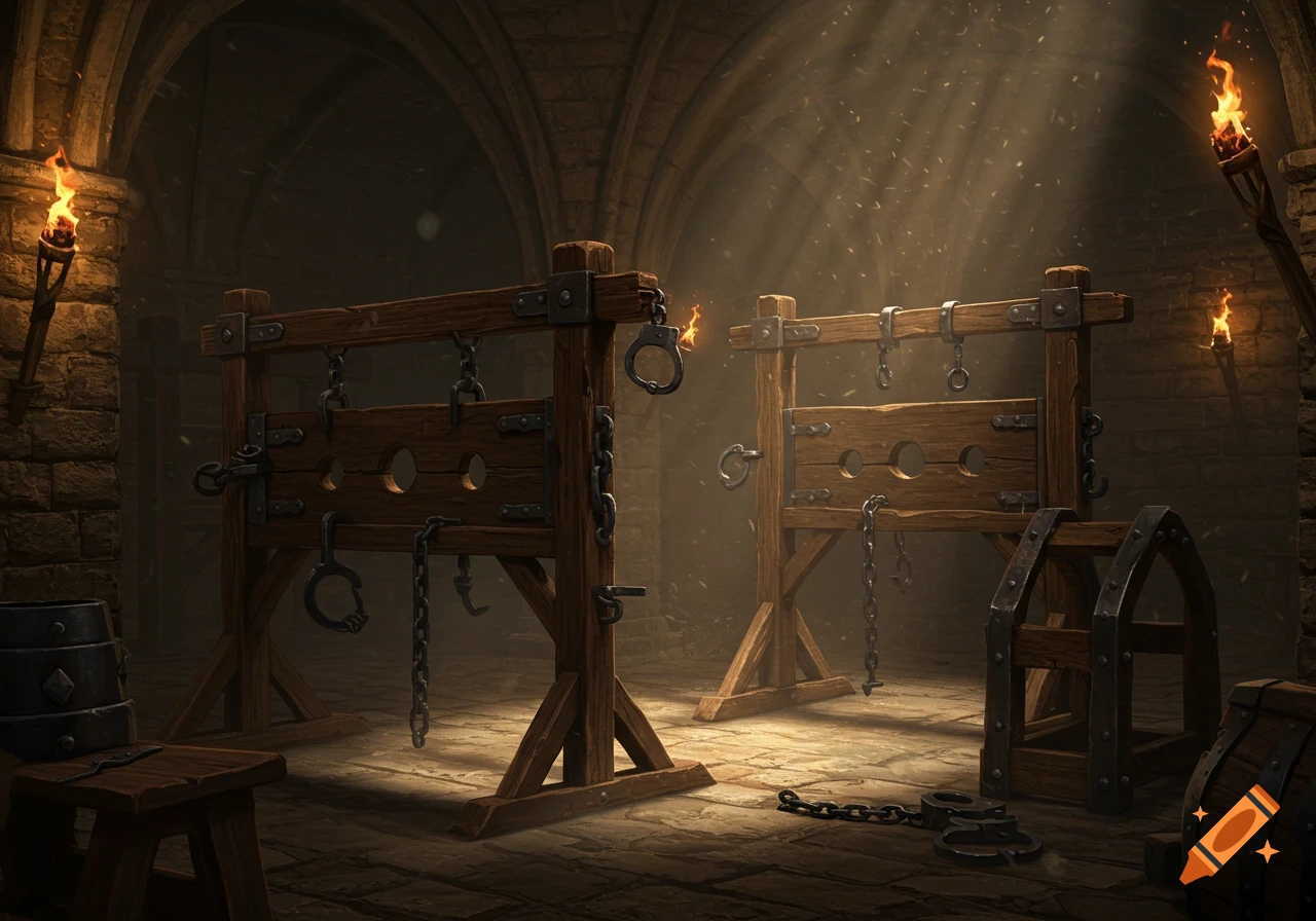 Two wooden stocks and pillories with chains in a dark stone dungeon lit by torches and sunlight.