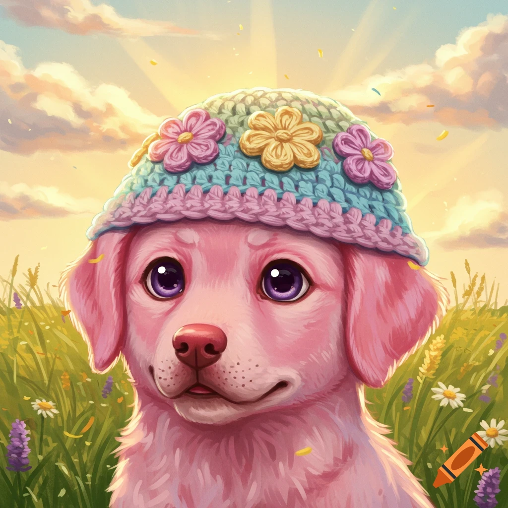A pink puppy with purple eyes wears a crocheted hat adorned with colorful flowers, standing in a sunny field of green grass and daisies under a cloudy sky.