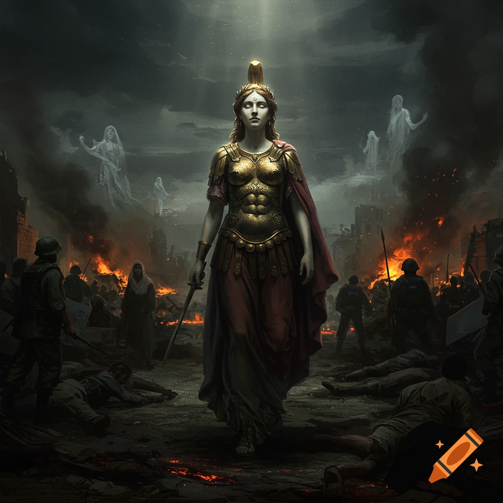 A goddess in golden armor and a red cape walks through a smoky, burning war-torn city with fallen soldiers and ghostly figures in the sky, in a dark, dramatic art style.