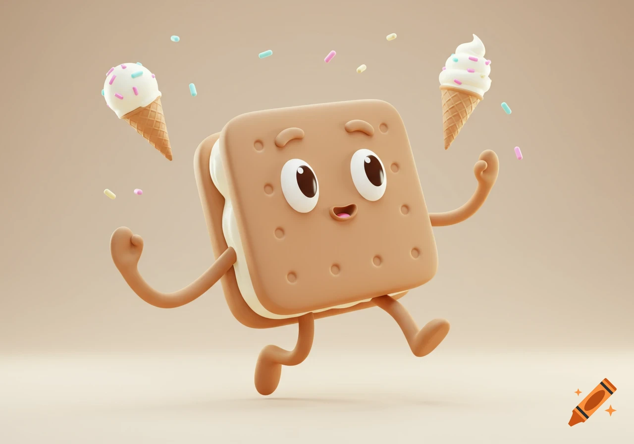 A happy, cartoon 3D ice cream sandwich character running with two floating ice cream cones and sprinkles on a plain background.