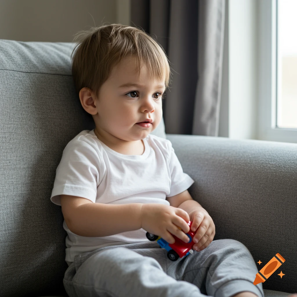 A cute young boy with light brown hair and brown eyes sits on a grey couch, holding a red and blue toy car, looking to the side.