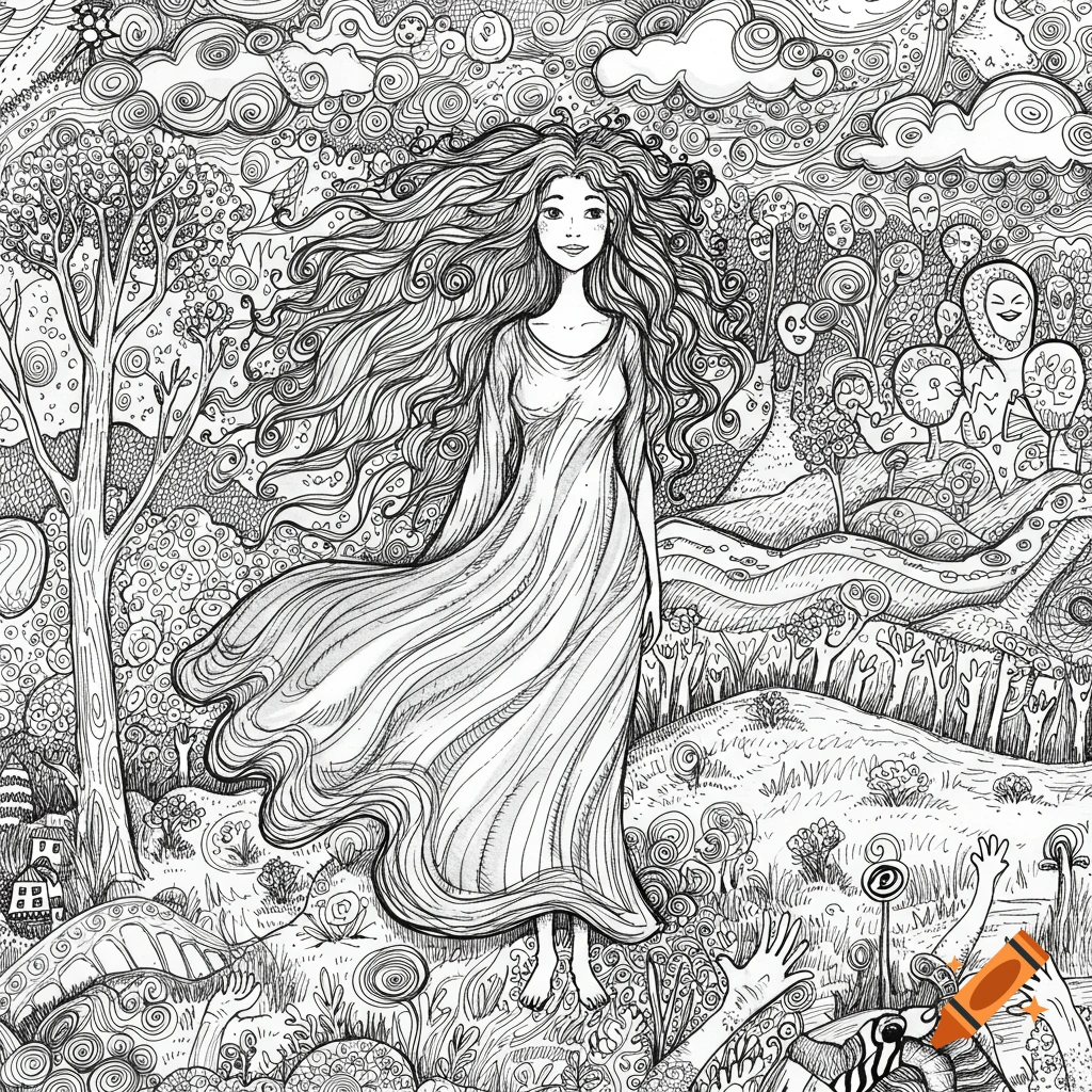 Black and white line art illustration of a woman with long flowing hair in a whimsical, detailed landscape with swirling clouds and trees.