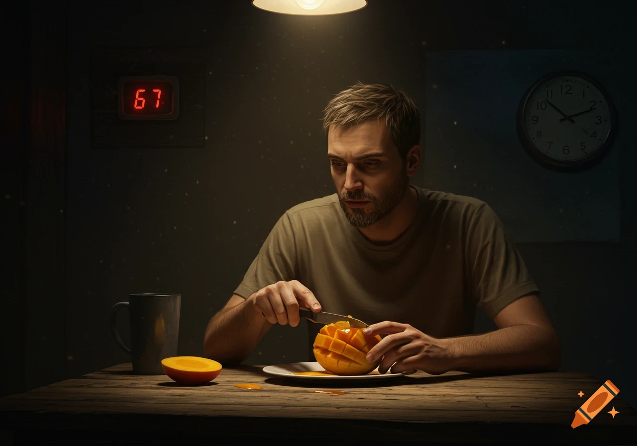 A man with a beard sits at a wooden table, cutting a mango under a lamp. A digital clock reads 67 in the background. Photorealistic style.