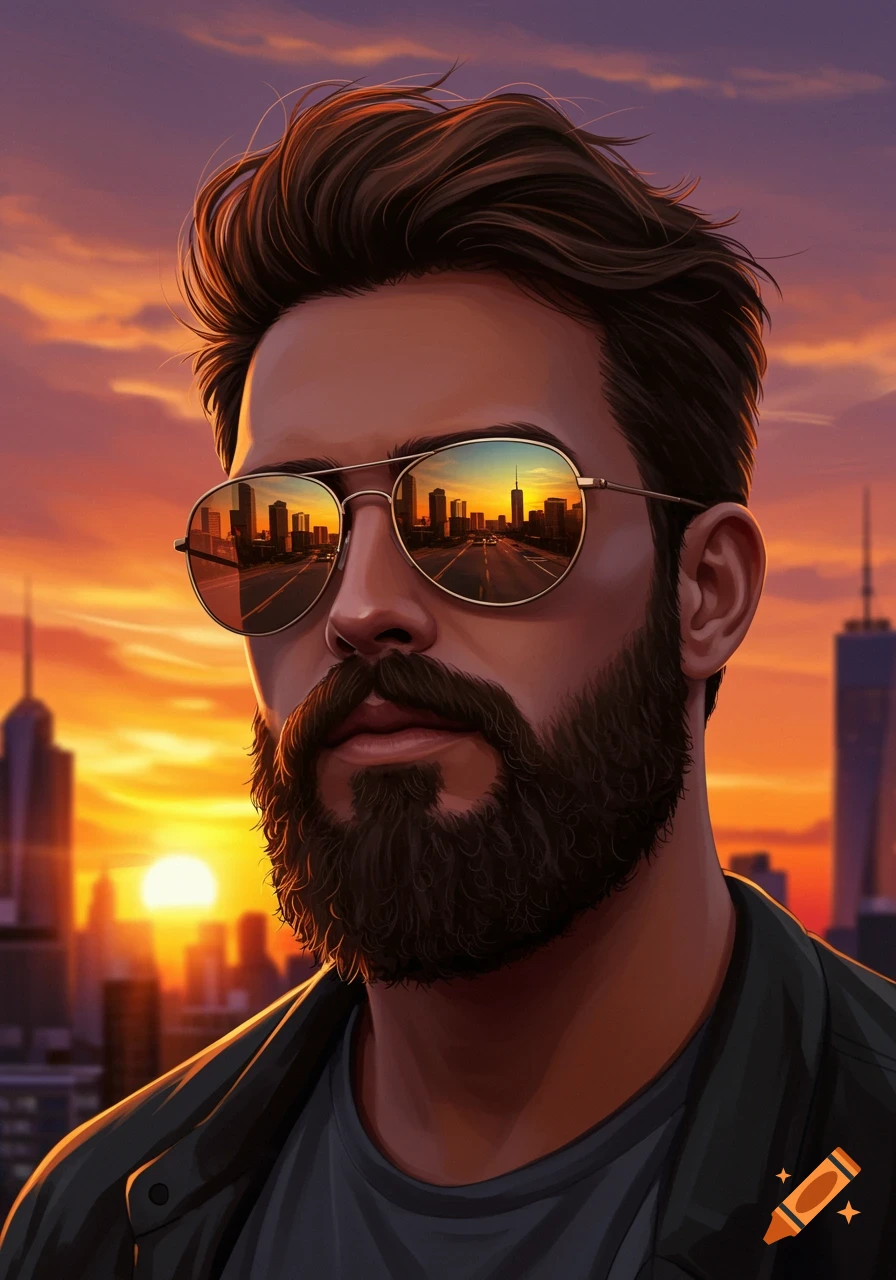 Illustration of a bearded man wearing aviator sunglasses, reflecting a city skyline at sunset. Digital art style.