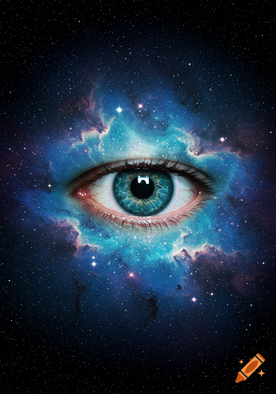 A realistic human eye with a blue iris set against a vibrant blue and purple nebula and a starry night sky.
