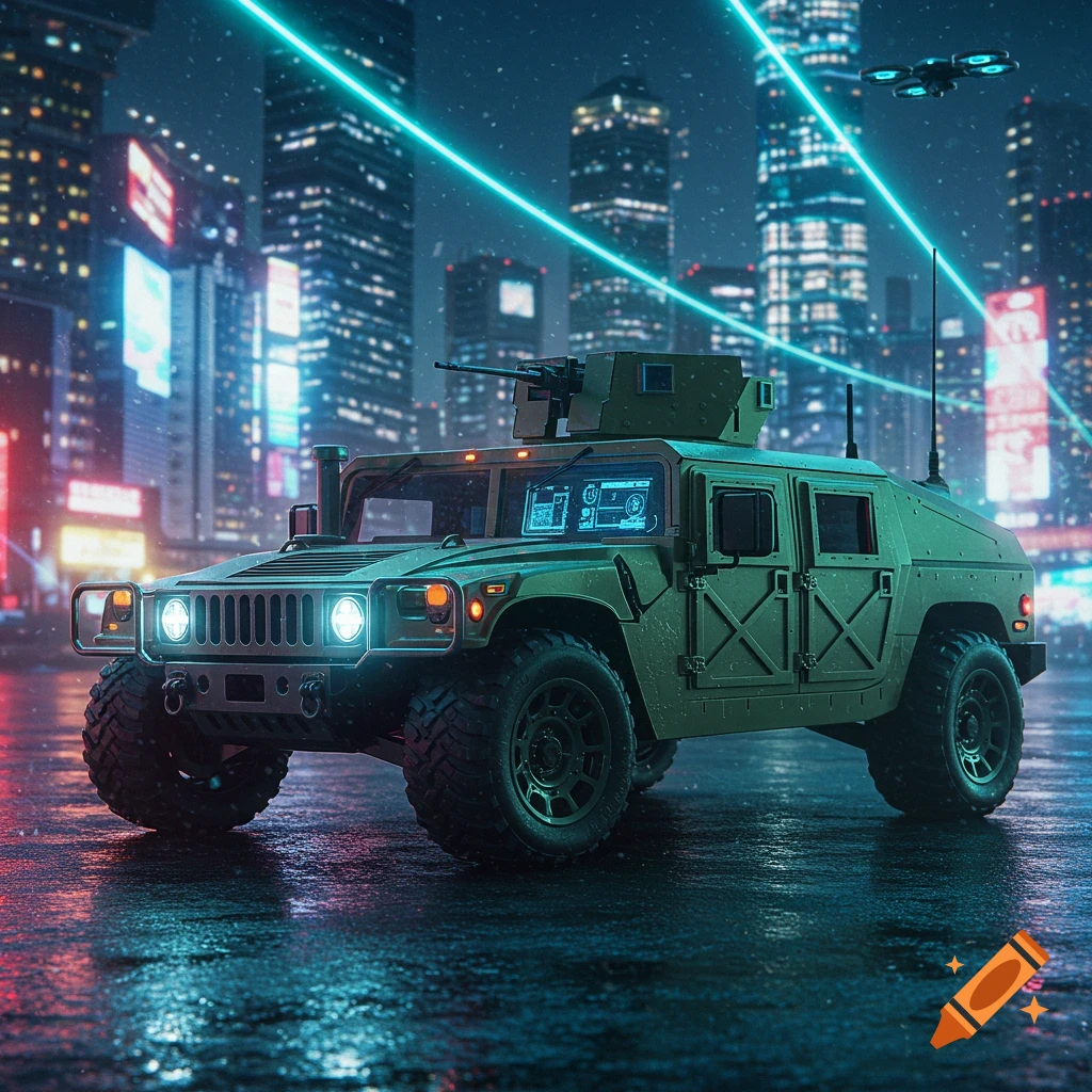 A futuristic military Humvee drives on a wet city street at night with neon lights from tall buildings and a drone flying overhead.