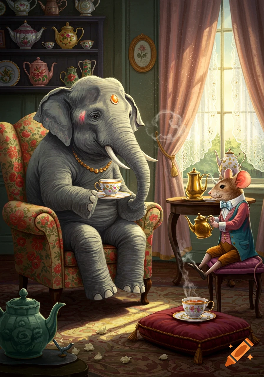 An anthropomorphic elephant and mouse have a tea party in a richly decorated room, with the elephant looking nervous.