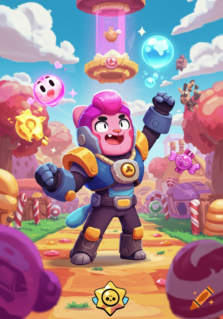 A pink cat-like character in a blue and gold sci-fi suit raises its arm in a vibrant candy land with floating objects and a UFO.