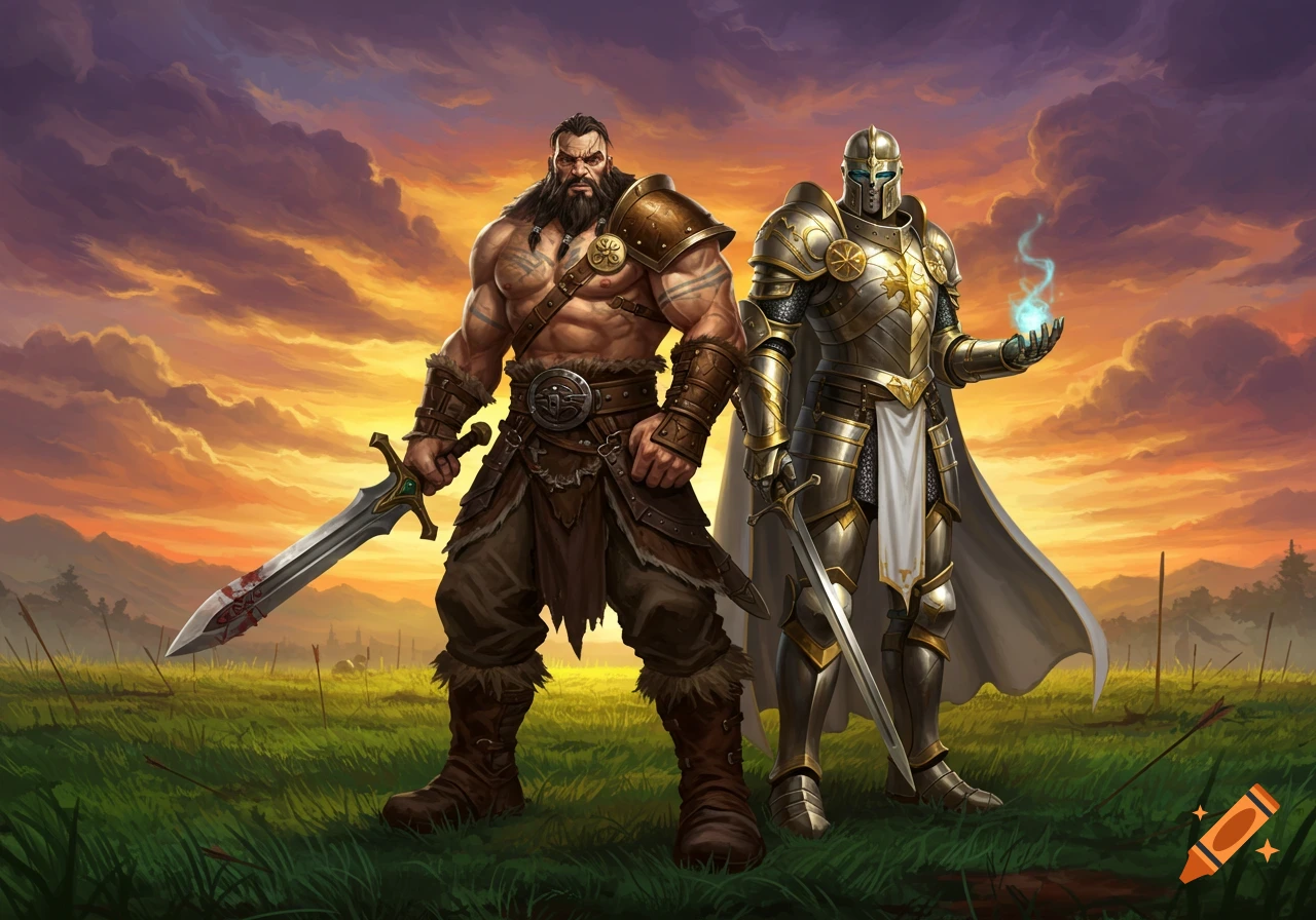A muscular barbarian with a blood-stained sword and an armored paladin with a glowing blue orb stand in a grassy field at sunset.