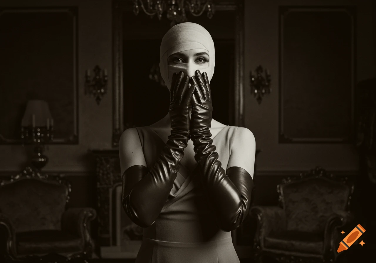 A woman with a bandaged face and long black leather gloves stands in a dark, vintage room, in a sepia-toned photorealistic style.