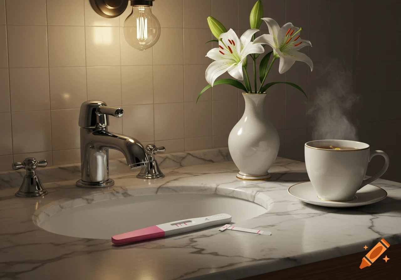 Photorealistic image of a positive pregnancy test on a marble bathroom counter with a faucet, vase of lilies, and steaming tea cup.