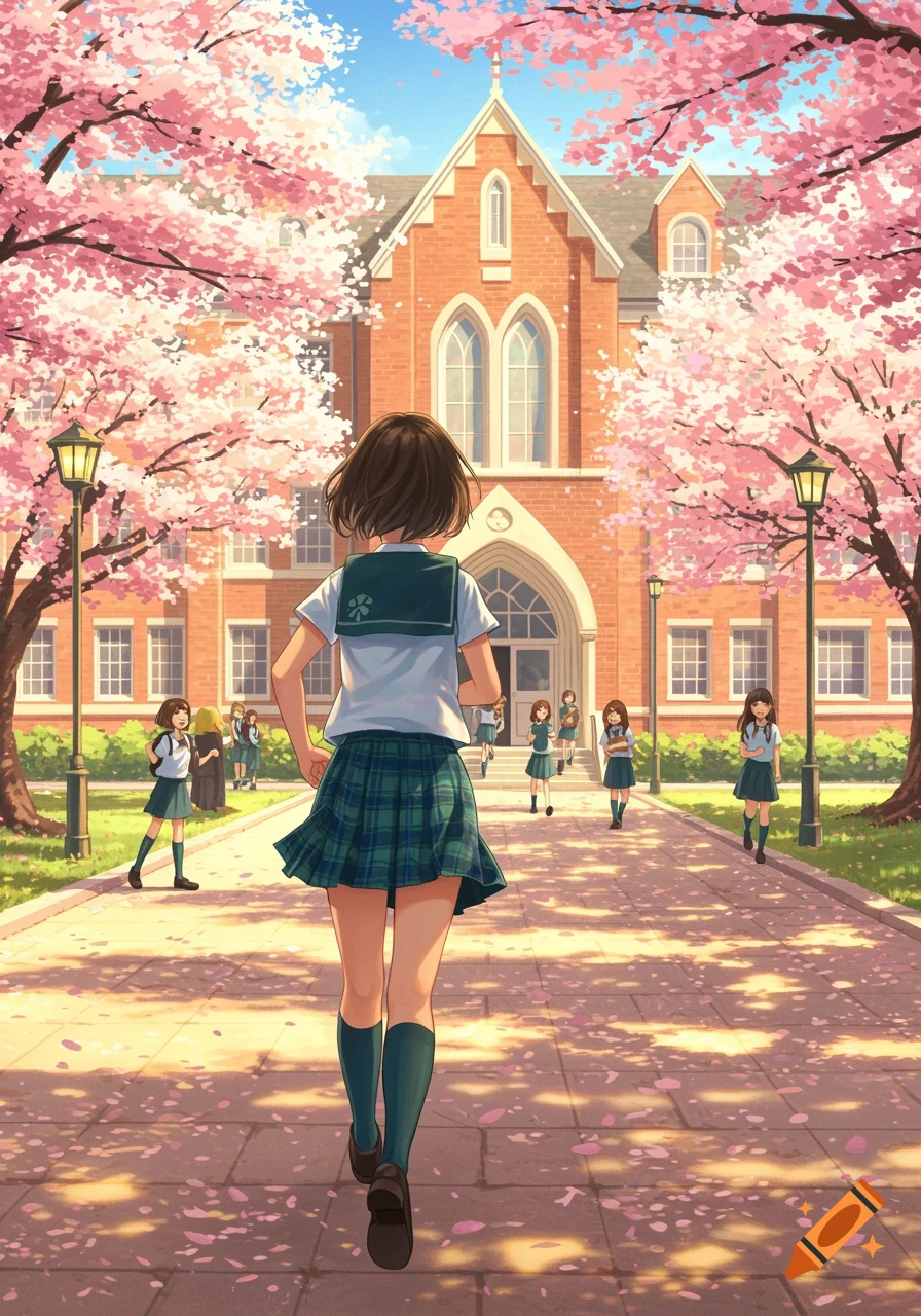 An anime schoolgirl walks on a path towards a school building, surrounded by pink cherry blossom trees.