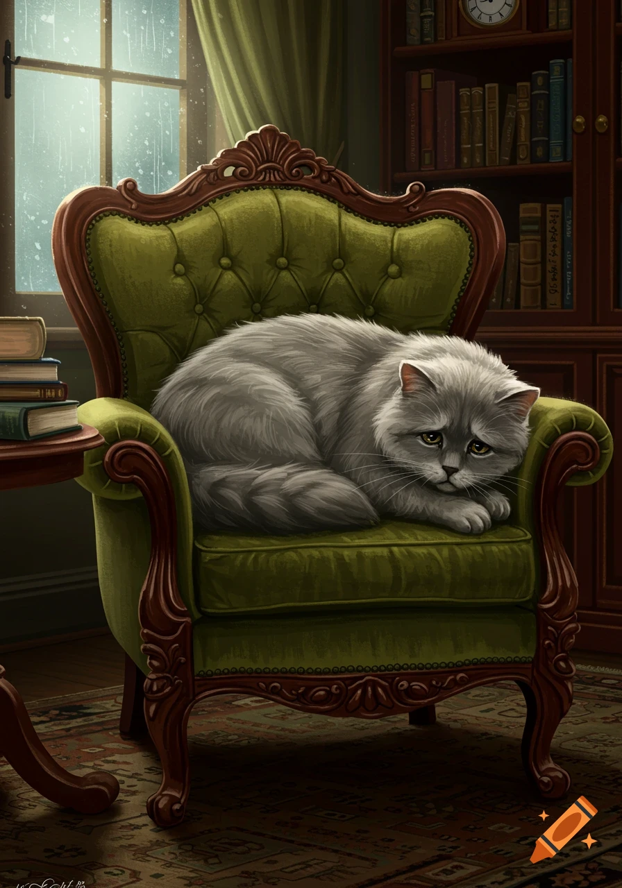 A fluffy grey cat with sad eyes curled up in a large green armchair next to a window on a rainy day.