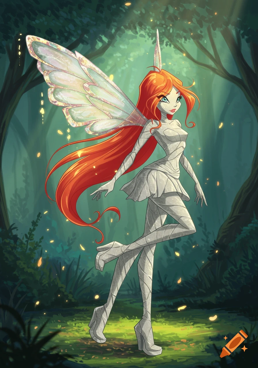 Cartoon character Bloom from Winx Club, with red hair and fairy wings, appears petrified in a magical forest.