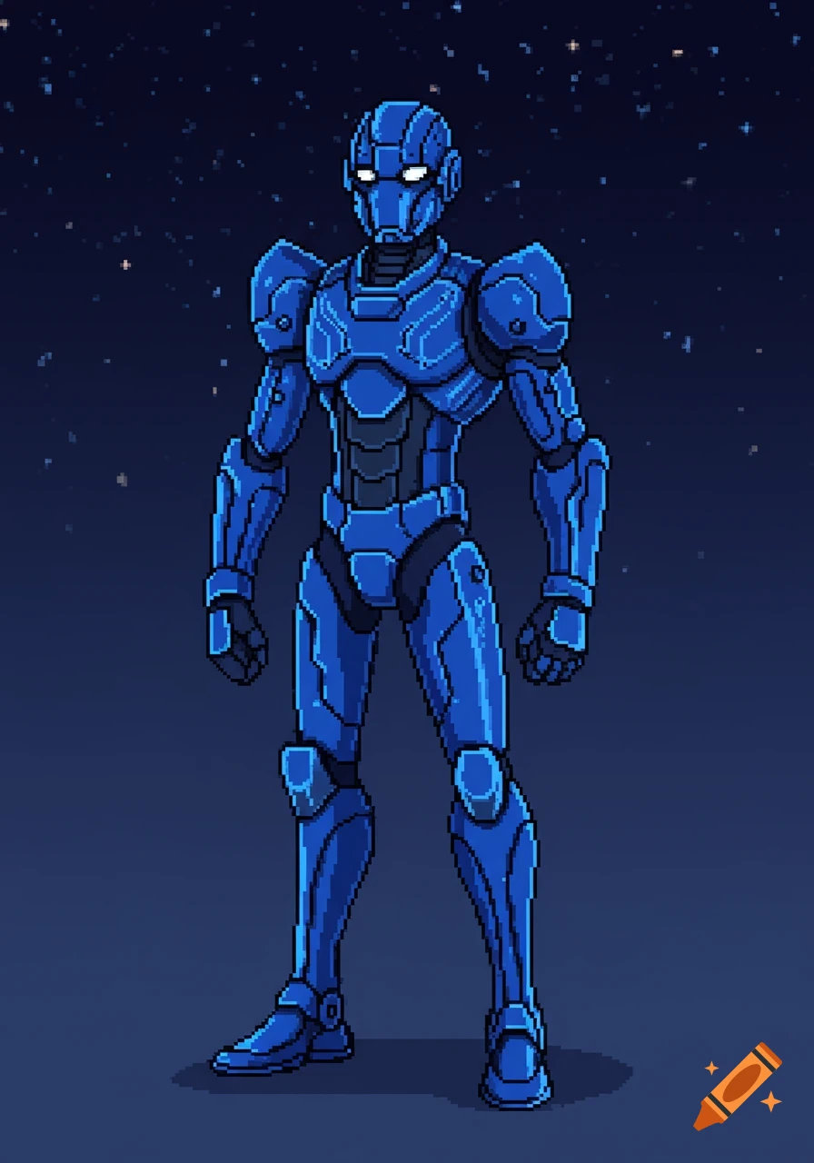 Pixel art of a blue futuristic robot character standing against a starry dark blue background.