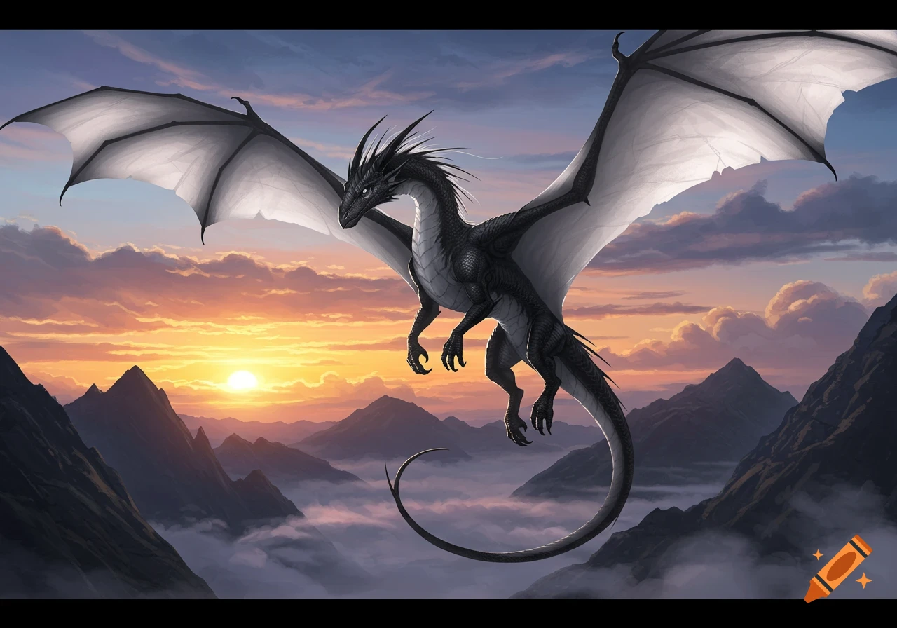A black and white dragon with large wings flies over mountain peaks and clouds at sunset, with an orange and purple sky.